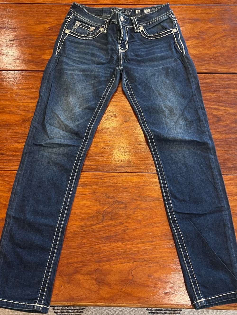 Miss Me Dark Indigo Slim Straight Jeans with White Contrast Stitching